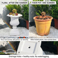 Side-by-side: OUTWAY Flora planter still pristine after one full Australian summer vs cracked yellowed Bunnings plastic pot, drainage holes visible, caption: "Full summer. Still perfect. 1yr warranty." — F004-flora-planter-uv-durability-vs-plastic-pot-summer