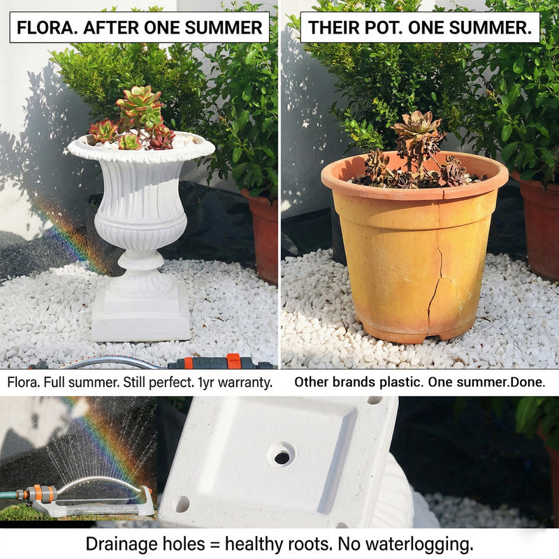 Side-by-side: OUTWAY Flora planter still pristine after one full Australian summer vs cracked yellowed Bunnings plastic pot, drainage holes visible, caption: "Full summer. Still perfect. 1yr warranty." — F004-flora-planter-uv-durability-vs-plastic-pot-summer