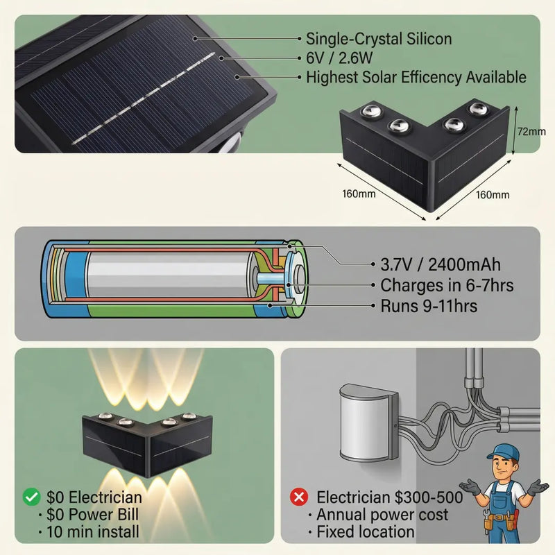 A technical infographic for the PT0803 Grivo solar corner light: the top section details the monocrystalline solar panel and dimensions, the middle highlights the 2400mAh battery and runtime, and the bottom compares installation costs, emphasizing the '$0 Electrician, $0 Power Bill, 10 min install' benefits.