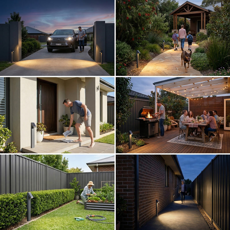 Collage of outdoor scenes including a driveway, garden, and backyard activities.