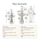 Technical dimension diagram comparing OUTWAY F001 and F002 solar garden fountain models showing measurements for total height tier diameter base diameter upper basin and pedestal with material specifications solar panel power battery life and cable length