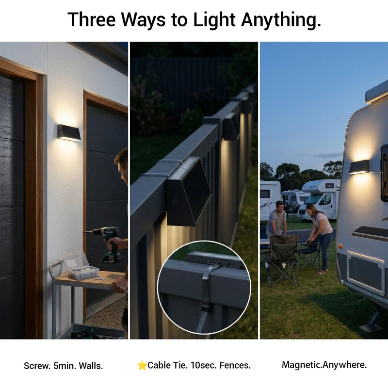 Three installation methods for Tenox PT0716: screw mount on wall in 5 minutes, cable tie on fence in 10 seconds, magnetic mount anywhere — no wiring required