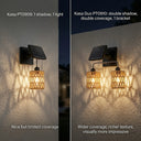 Solar-powered outdoor light fixture with USB charging option, shown on a wooden post and near a window.