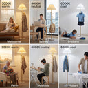 Comparison of a standing lamp with different color temperatures in various settings.