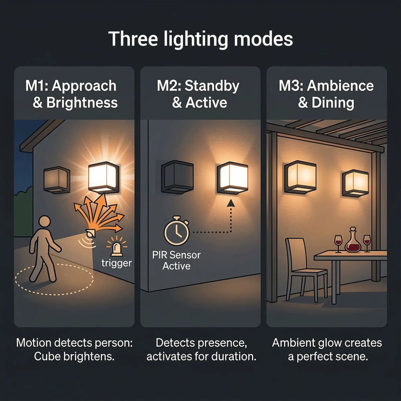 Infographic showing the three lighting modes of the PT0711 Cube: M1 Approach & Brightness (motion burst), M2 Standby & Active (PIR sensor), M3 Ambience & Dining (steady glow).