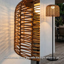 A close-up detail of the PT0908 Floor Lamp's handwoven rattan shade, with light filtering through the gaps to cast unique shadow patterns, accompanied by the text 'Handwoven. Every gap tells the light where to go.' highlighting its artisan craftsmanship and light artistry.