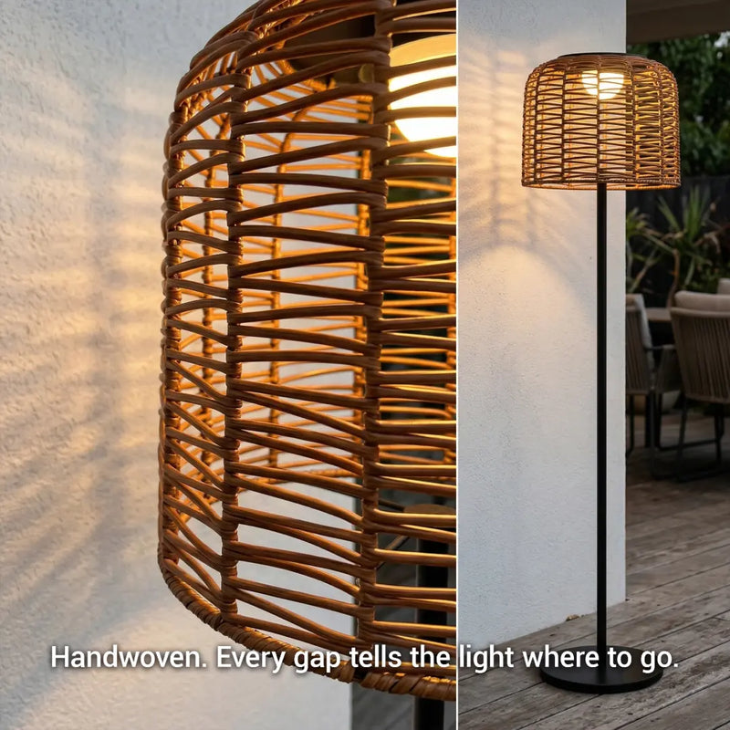 A close-up detail of the PT0908 Floor Lamp's handwoven rattan shade, with light filtering through the gaps to cast unique shadow patterns, accompanied by the text 'Handwoven. Every gap tells the light where to go.' highlighting its artisan craftsmanship and light artistry.