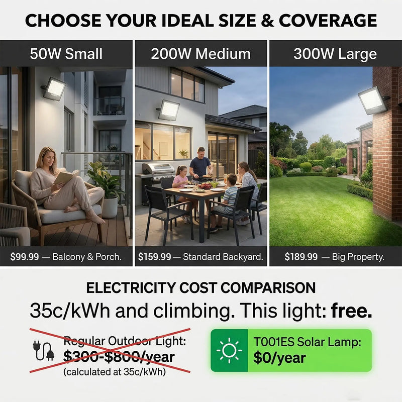 Product size comparison chart: 50W Small ($99.99, balcony/porch), 200W Medium ($159.99, standard backyard), 300W Large ($189.99, big property). Bottom section shows electricity cost comparison: regular outdoor light $300–$800/year vs T001ES Solar Lamp $0/year at 35c/kWh.