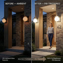 A side-by-side before/after comparison of an outdoor wall light on a house entry. The left panel shows the light glowing softly at night with the text 'BEFORE — AMBIENT'; the right panel shows the light turned brighter with a woman walking past under it and the text 'AFTER — PIR TRIGGERED'.