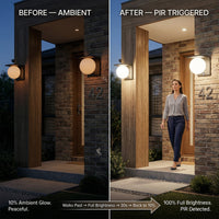 A side-by-side before/after comparison of an outdoor wall light on a house entry. The left panel shows the light glowing softly at night with the text 'BEFORE — AMBIENT'; the right panel shows the light turned brighter with a woman walking past under it and the text 'AFTER — PIR TRIGGERED'.