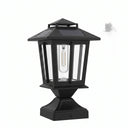 Front-facing studio shot of HeritagePost Solar Lantern on white background, displaying its matte black die-cast aluminum frame, clear glass panels, and integrated polycrystalline solar panel — perfect for product detail pages highlighting craftsmanship and design.