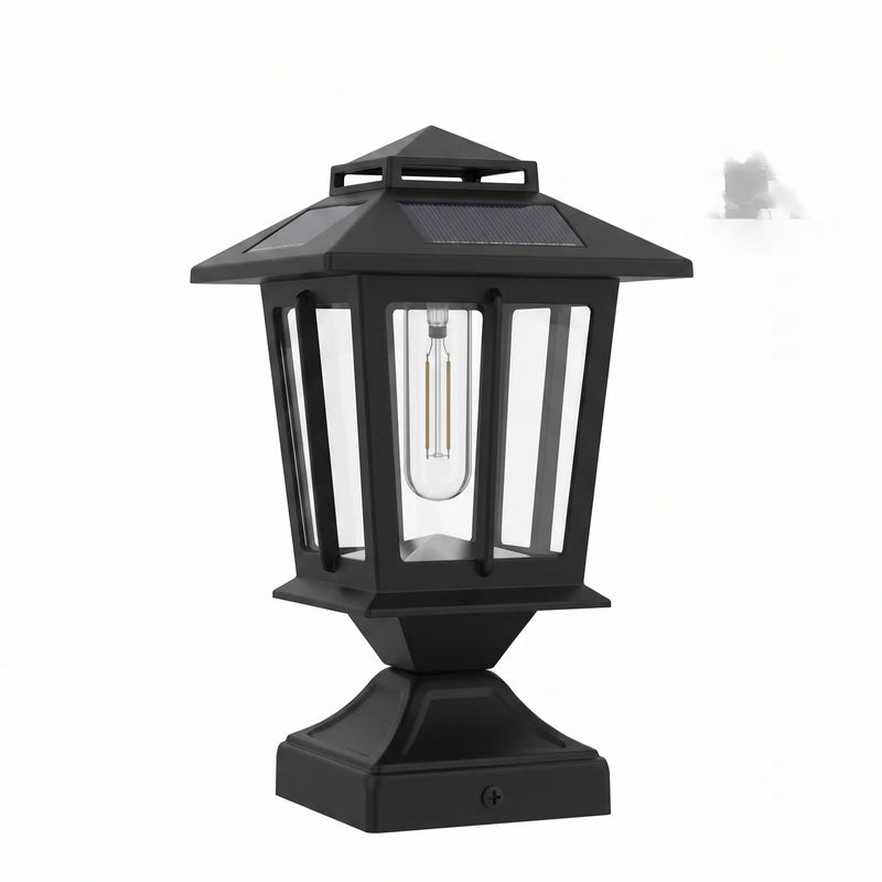 Front-facing studio shot of HeritagePost Solar Lantern on white background, displaying its matte black die-cast aluminum frame, clear glass panels, and integrated polycrystalline solar panel — perfect for product detail pages highlighting craftsmanship and design.