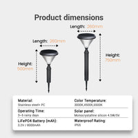Product dimensions diagram showing two solar garden stake lights with labeled measurements for length and height, plus a specification table below on a light gray background.