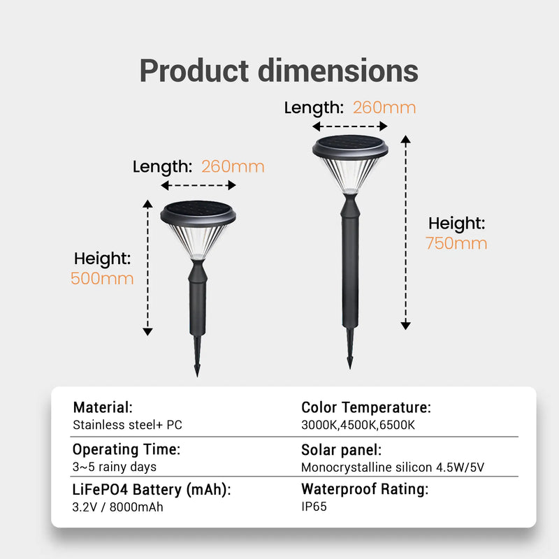 Product dimensions diagram showing two solar garden stake lights with labeled measurements for length and height, plus a specification table below on a light gray background.