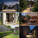 
Six-scene lifestyle collage showing the PT0723 in use across everyday Australian settings: a gated driveway at sunset, a garden path with a family and dog, a man picking up the paper at his front door, a backyard BBQ gathering on a deck, a vegetable garden, and a narrow side-passage lit at night.