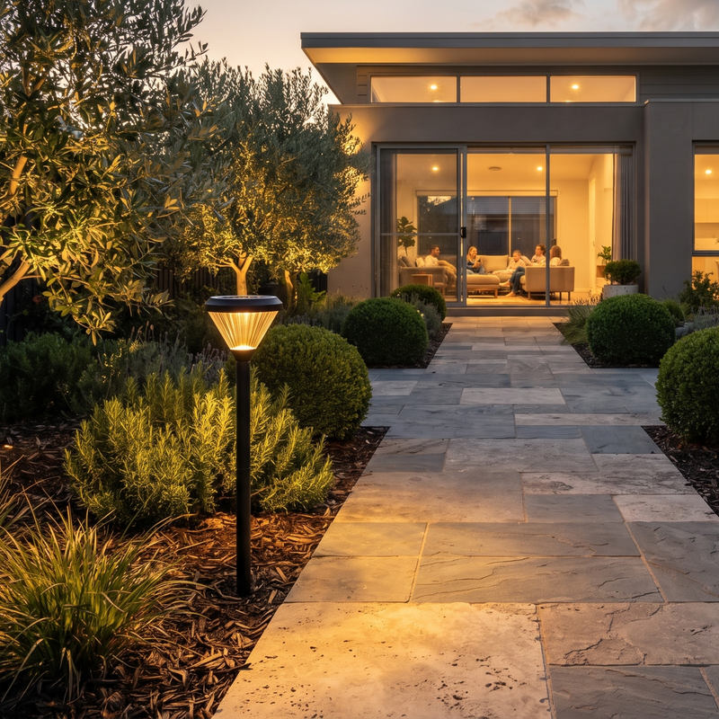 A modern outdoor pathway made of light gray stone tiles leading to a house entrance, illuminated by a black post-mounted solar garden light with a warm yellow glow. The scene is landscaped with green shrubs, a tree, and mulch at dusk.