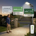 Illustration of the T008 solar street light's three smart modes (M1 Energy Saving, M2 Balanced, M3 Long Runtime) and included remote control, allowing users to customize brightness, color temperature, and PIR sensor settings.