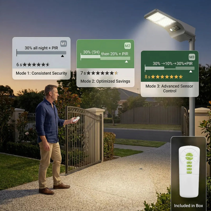Illustration of the T008 solar street light's three smart modes (M1 Energy Saving, M2 Balanced, M3 Long Runtime) and included remote control, allowing users to customize brightness, color temperature, and PIR sensor settings.