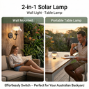 2-in-1 solar lamp shown in wall-mounted and portable table lamp forms with people using it outdoors.