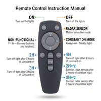 Nexa StreetGlow Pro T007 remote control instruction manual detailing ON/OFF, radar sensor, and timer modes.