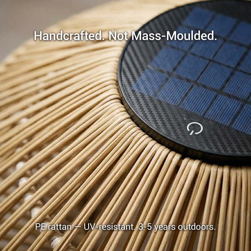 Solar panel on a PE rattan surface with text about craftsmanship and durability.