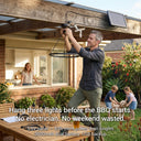 Man hanging outdoor lights with text about solar panel system