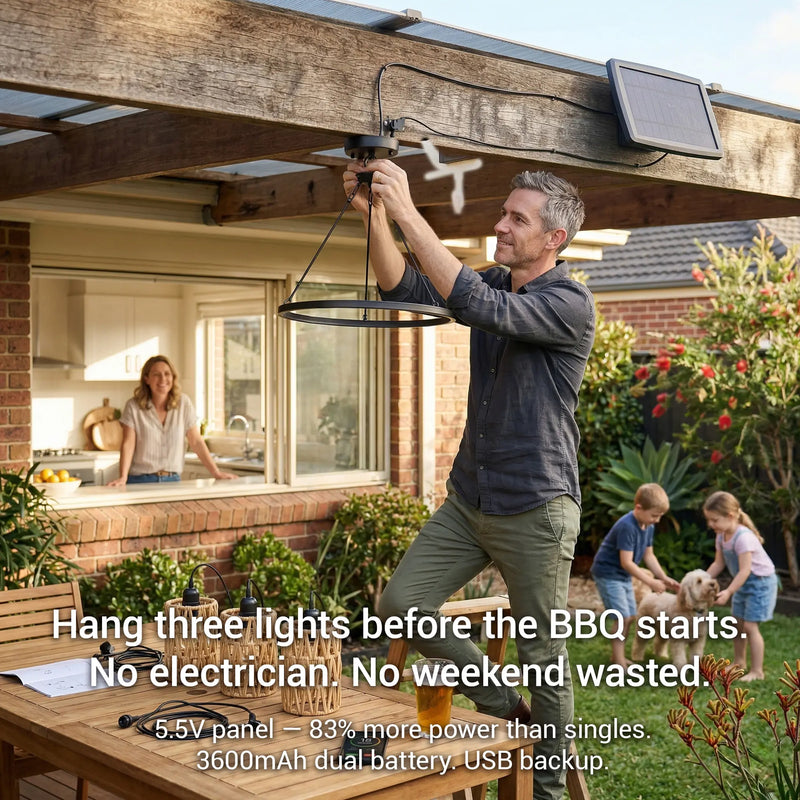 Man hanging outdoor lights with text about solar panel system
