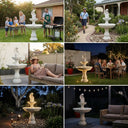 Six-panel scene collage of OUTWAY angel solar garden fountain in Australian settings including family BBQ in backyard daytime postman walking past front garden path woman reading on outdoor sofa with kookaburra nearby friends dining at night under string lights illuminated garden at night with pathway lighting and couple on deck at night with cat in tree