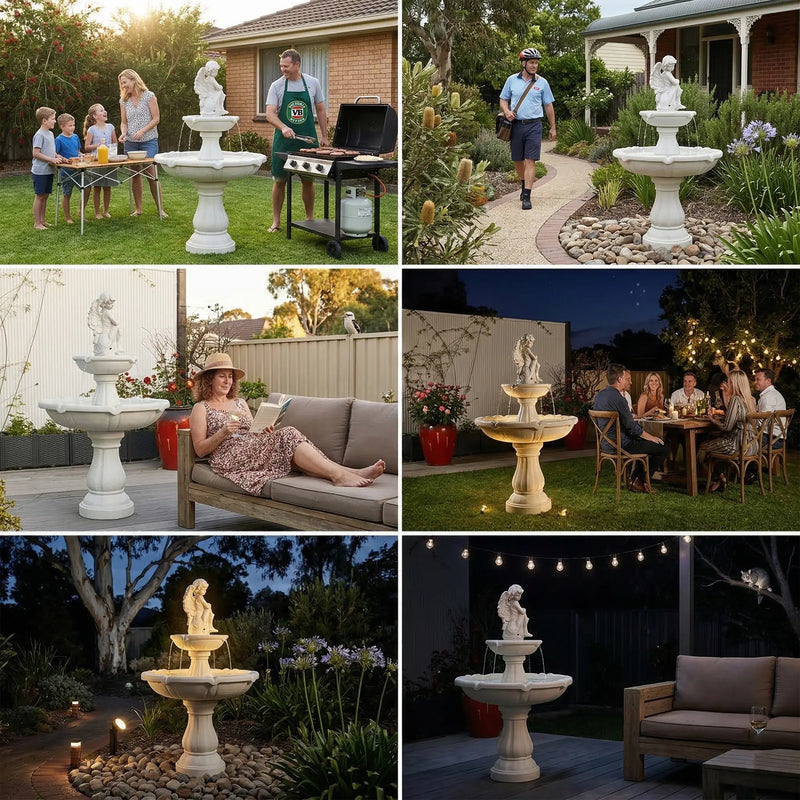 Six-panel scene collage of OUTWAY angel solar garden fountain in Australian settings including family BBQ in backyard daytime postman walking past front garden path woman reading on outdoor sofa with kookaburra nearby friends dining at night under string lights illuminated garden at night with pathway lighting and couple on deck at night with cat in tree