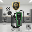 Electric vehicle charging cable with certification logos on a gray background
