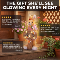 Solar rabbit garden ornament glowing at night with Welcome sign, hand-painted girl bunny holding flowers, warm LED light, customer reviews, outdoor garden decoration Australia

