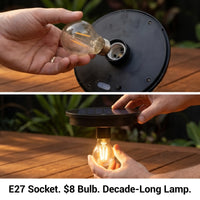 Two-panel image showing E27 bulb replacement for PT0906 lamp: top panel shows hand inserting clear LED bulb into socket; bottom panel shows assembled lamp glowing on wooden table, with text: “E27 Socket. $8 Bulb. Decade-Long Lamp.”