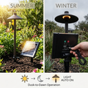 Solar-powered outdoor light system with summer and winter scenarios, showing solar panel and dusk-to-dawn operation.