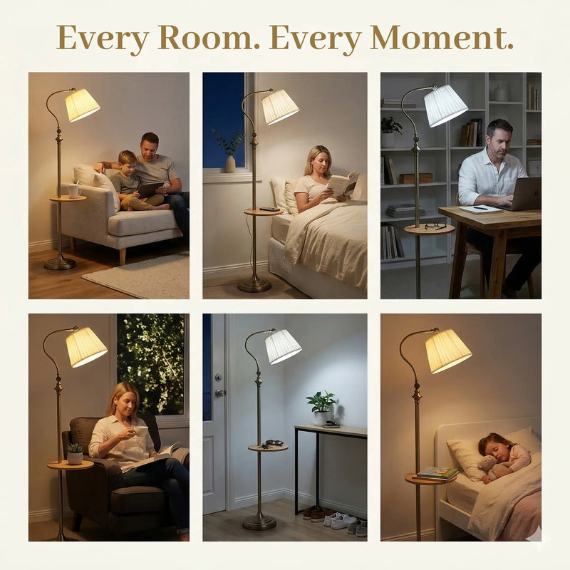 FL068 gold floor lamp with wood tray in six home settings: living room, bedroom, home office, reading nook, entryway, and child's bedroom with soft warm nightlight