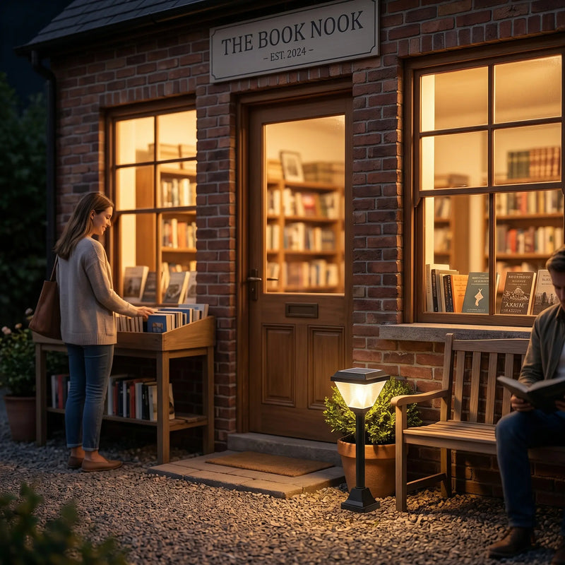 Woman browsing books outside a quaint bookstore named 'The Book Nook' at dusk.