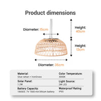 Wicker pendant light with dimensions and technical specifications on a white background