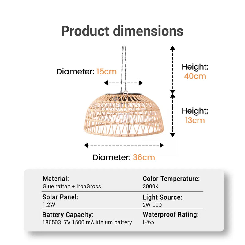 Wicker pendant light with dimensions and technical specifications on a white background