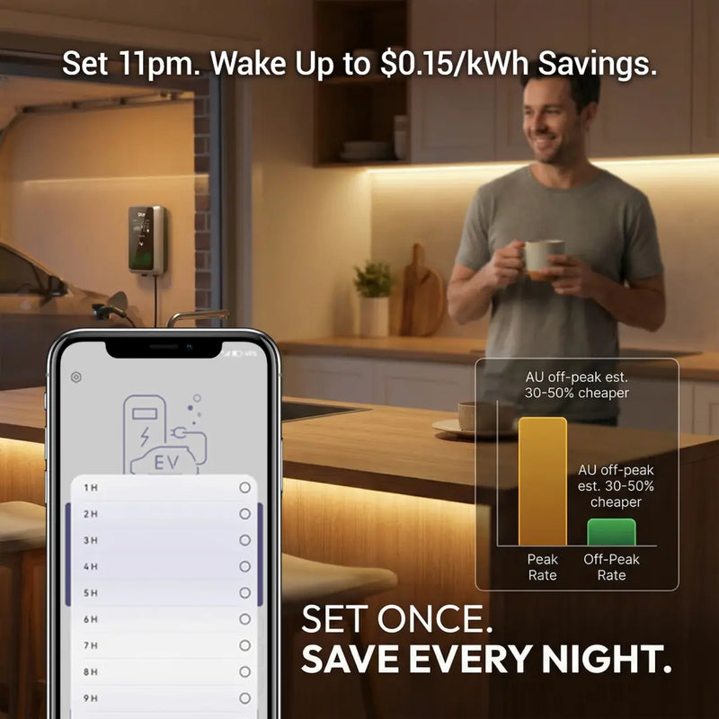 An infographic explaining the Outway charger's dual capability: 8A/10A for standard sockets and 16A-32A for dedicated 7kW circuits.