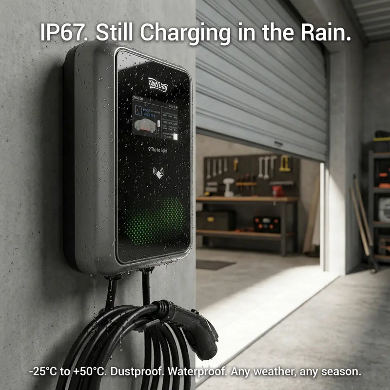 A man using the Outway app to schedule off-peak charging, with a graphic showing potential savings of up to $0.15/kWh.