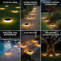 Six application examples of Niteo solar lights: flush in lawn, along gravel path, edging garden bed, poolside waterproof, flat on step, and uplighting a tree base.