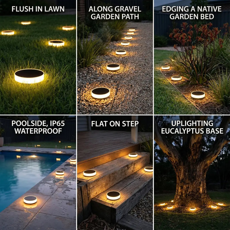 Six application examples of Niteo solar lights: flush in lawn, along gravel path, edging garden bed, poolside waterproof, flat on step, and uplighting a tree base.