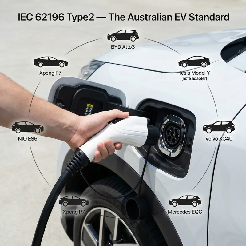 IEC 62196 Type 2 connector of Outway EV05 compatible with Australian EVs like BYD Atto 3, Tesla Model Y, and Volvo XC40.