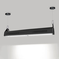 Black industrial LED light high bay fixture on a gray background