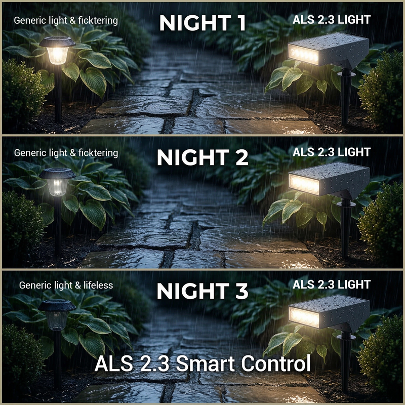 Three vertically stacked comparison panels showing a smart outdoor landscape light in rain on a stone path. The top panel is labeled 'NIGHT 1' and shows generic light and flickering; the middle panel 'NIGHT 2' shows similar flickering; the bottom panel 'NIGHT 3' shows a clean, lifeless light with text reading 'ALS 2.