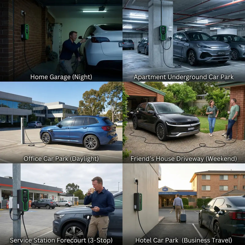 This image illustrates six versatile charging scenarios for the portable EV charger, ranging from a home garage at night and an apartment underground car park to office parking lots and travel destinations.