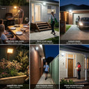 
E027EI Voro floodlight in six outdoor scenes: backyard BBQ 3000K, back door 4000K, garage 6500K, garden bed 3000K, side passage 4000K, and front entrance 6500K with delivery driver