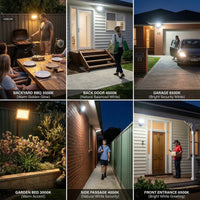
E027EI Voro floodlight in six outdoor scenes: backyard BBQ 3000K, back door 4000K, garage 6500K, garden bed 3000K, side passage 4000K, and front entrance 6500K with delivery driver
