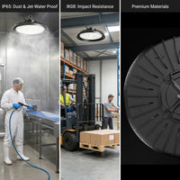 Outway high bay LED light's with IP65 dust and jet-water proof rating, IK08 impact resistance rating, and premium die-cast aluminium housing.