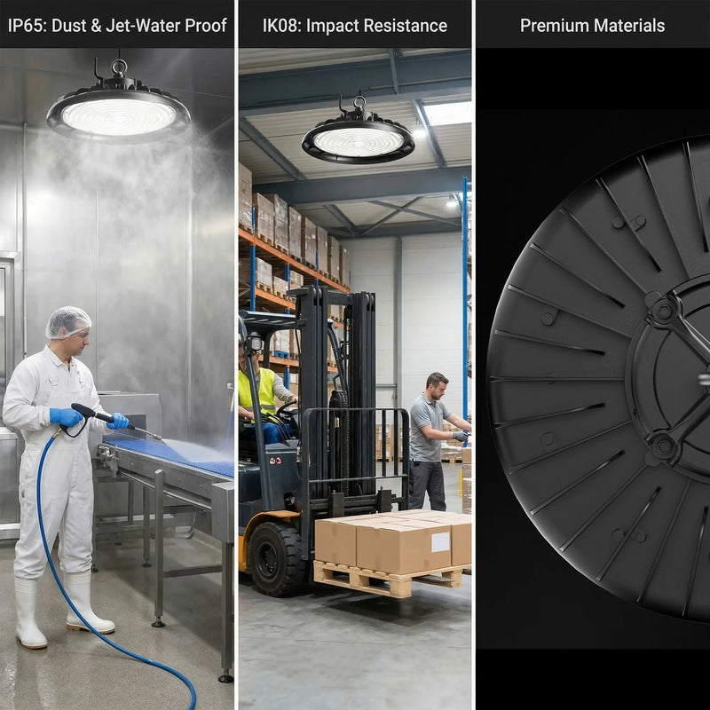 Outway high bay LED light's with IP65 dust and jet-water proof rating, IK08 impact resistance rating, and premium die-cast aluminium housing.