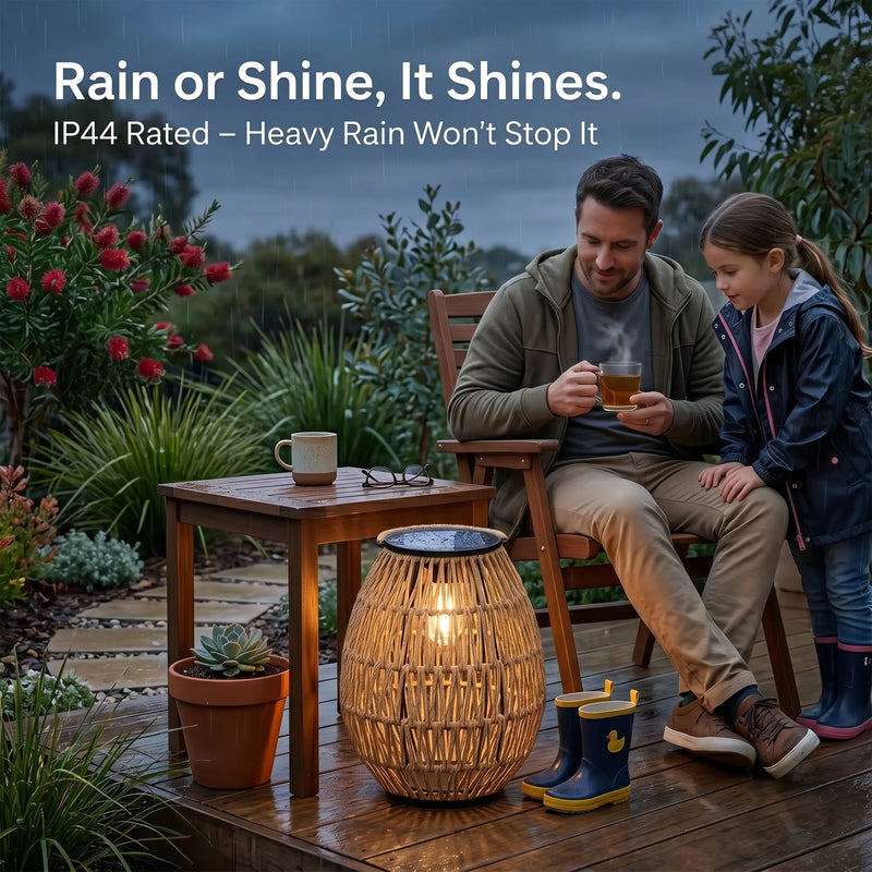 Father and daughter sitting on wet deck during rain beside PT0906 lamp, which remains lit; text overlay reads: “Rain or Shine, It Shines. IP44 Rated – Heavy Rain Won’t Stop It”.